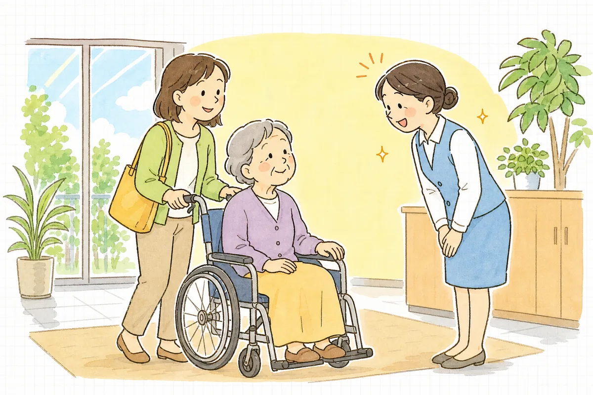 明るい介護施設の玄関ホールで、入所の日を迎えた高齢の女性とそのご家族を、事務担当者が笑顔で迎えている情景