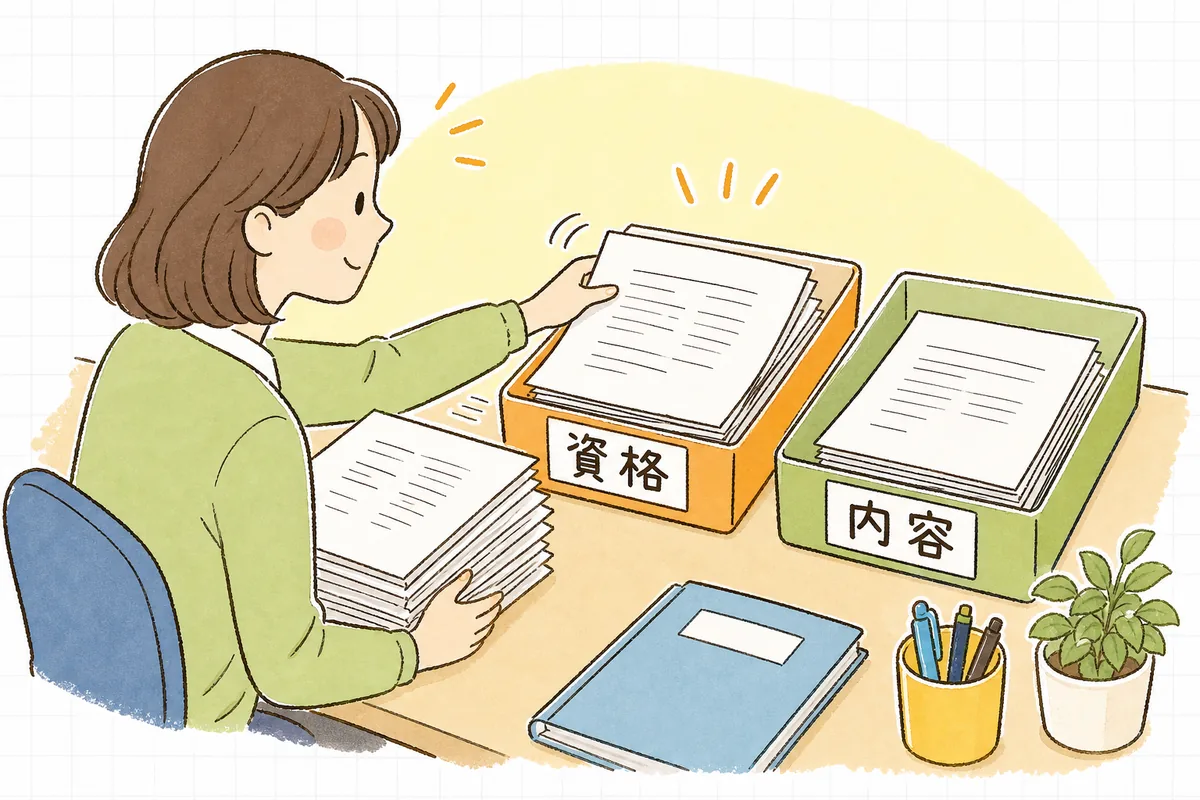 書類の束を理由ごとの仕分けトレーに分けながら、見通しが立って表情がやわらぐ介護事業所の事務担当者