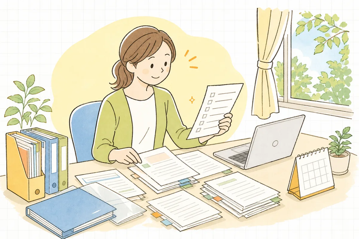 事務室で新規利用者の受け入れ書類一式とチェックリストを机に広げ、契約書・重要事項説明書・介護保険証を一枚ずつ確認する介護事業所の事務担当者