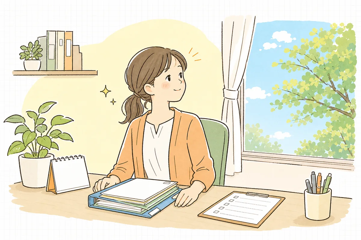 受け入れ書類の準備を終え、片づいた机のそばで晴れた窓の外を見て、肩の力を抜いてやわらかくほほえむ介護事業所の事務担当者