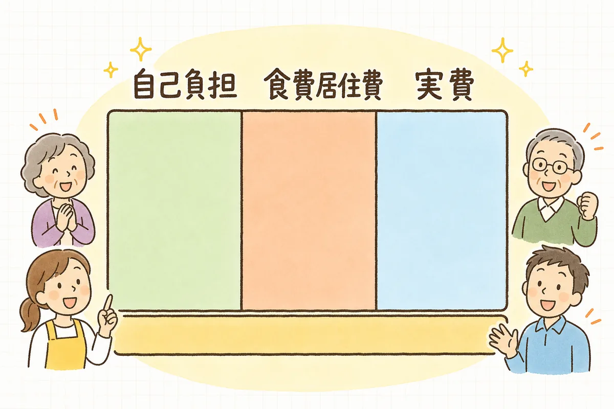 利用料が「介護保険の自己負担」「食費・居住費」「実費」の3つに分かれることを示した概念図