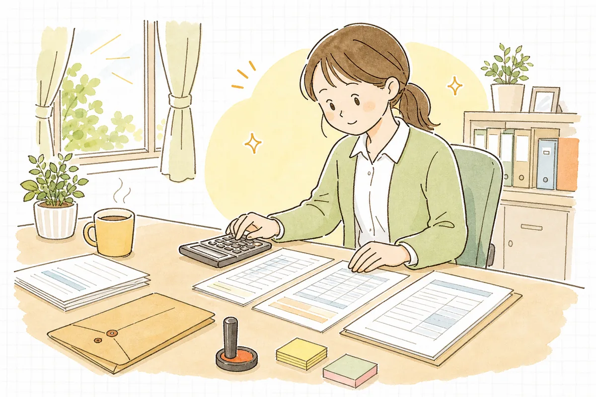 事務机で利用料の請求書と領収書を作りながら、金額の内訳を電卓で確かめる介護事務の担当者