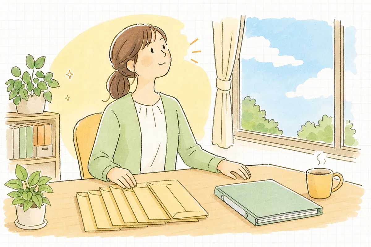 請求書と領収書の作成を終え、封筒を整えながら窓の外の明るい空を見てほっと一息つく介護事務の担当者