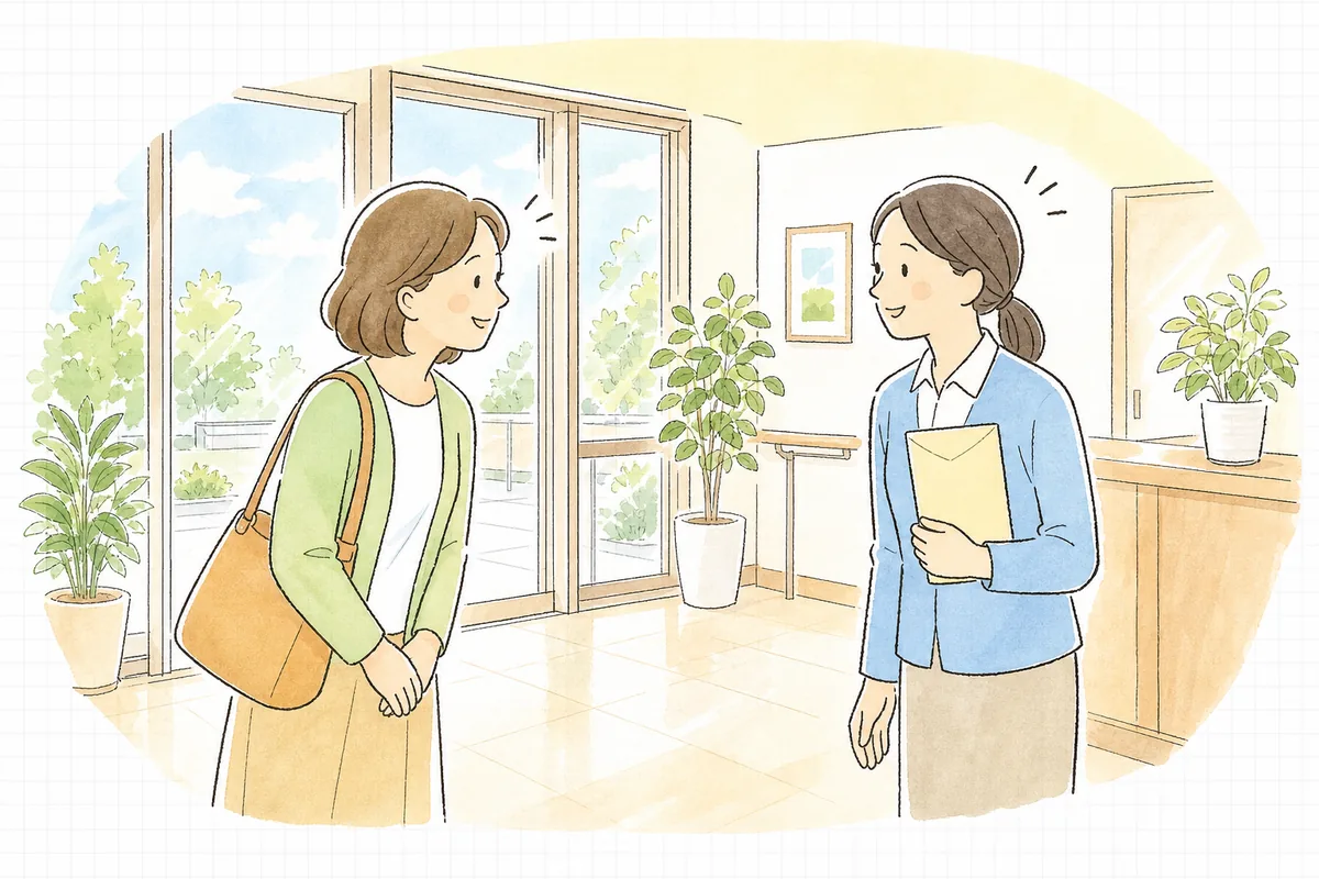 返金の手続きを終えた事務担当者が、窓辺の明るい光の中で面会に来たご家族と穏やかに会釈を交わしている情景