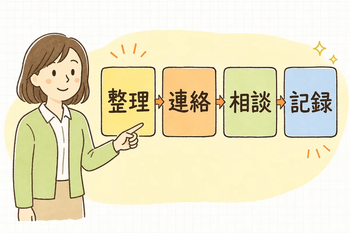 利用料の滞納対応を4つのステップに分けて指し示す介護事業所の事務担当者の説明図