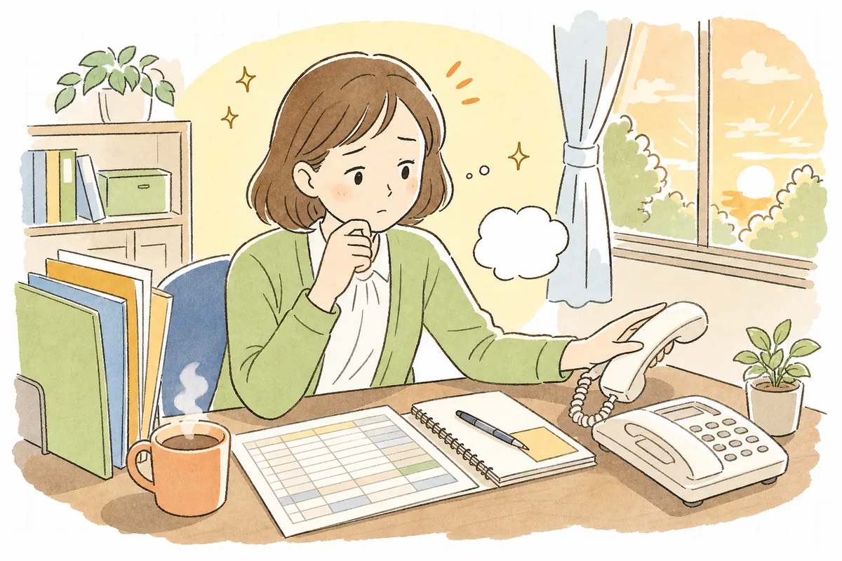 事務室で利用者ごとの入金一覧を見ながら、滞納のご家族へどう連絡しようか思案する介護事業所の事務担当者