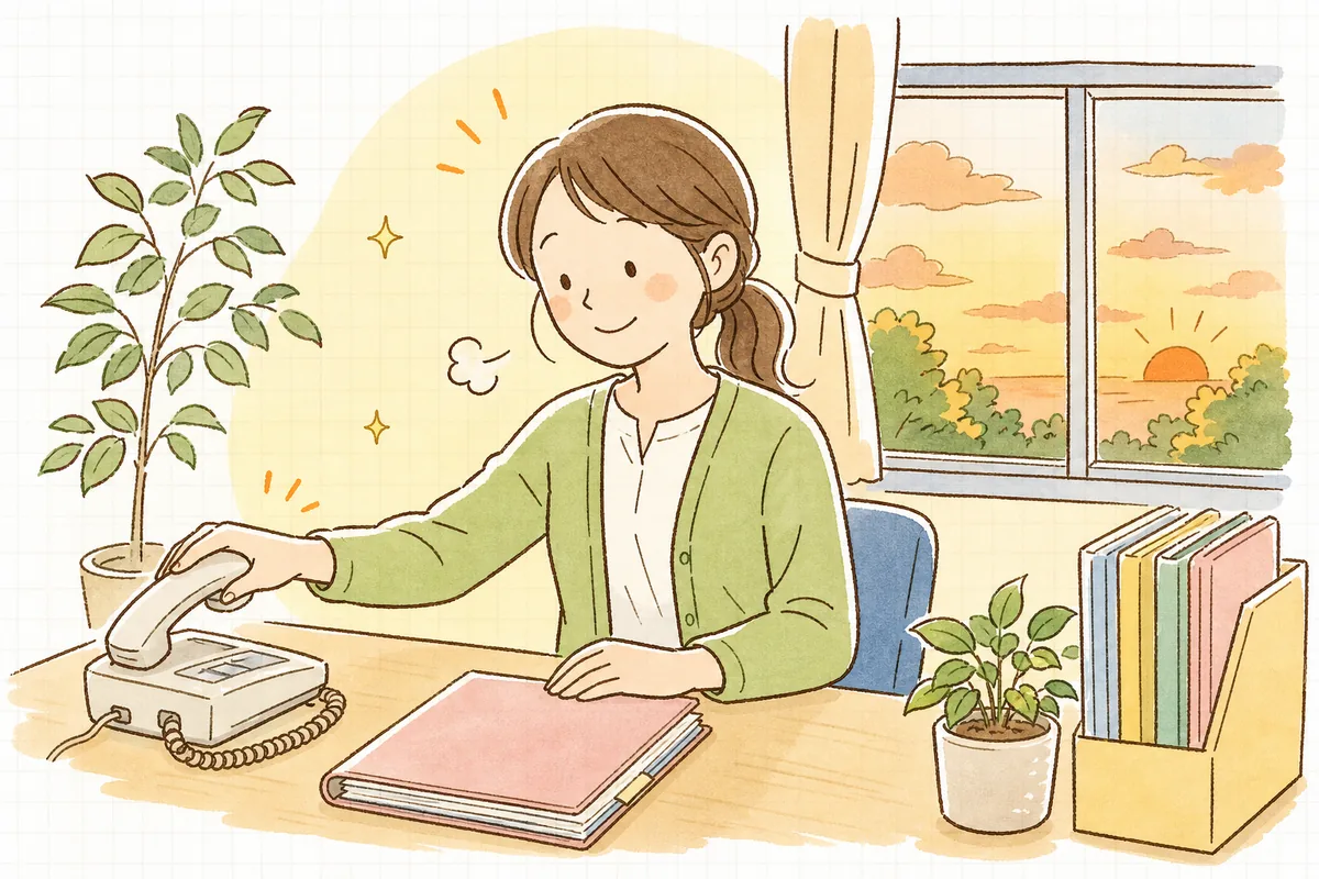 電話で穏やかに話し終えた事務担当者が、窓辺の明るい光の中でほっと肩の力を抜いている情景