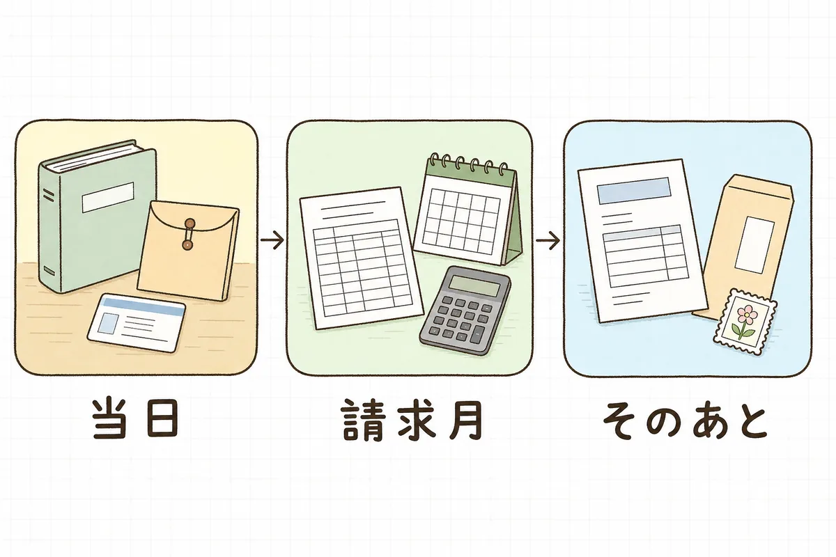 亡くなられたあとの事務を「当日」「請求月」「そのあと」の3つの場面に分けて並べた概念図