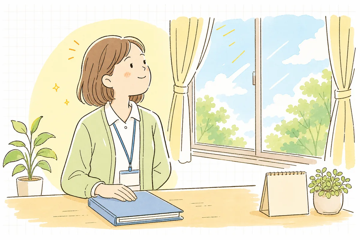 手続きを終えて閉じたファイルに手を添え、明るい窓の外を見て静かにほほえむ介護事業所の事務担当者