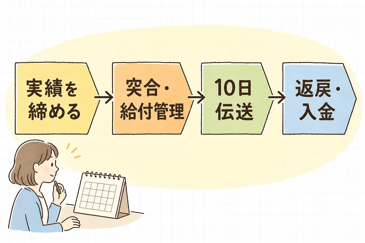 請求業務を提供月末・月初の突合・10日の伝送・入金確認の4つの段階に分けて左から右へ流れで示した図