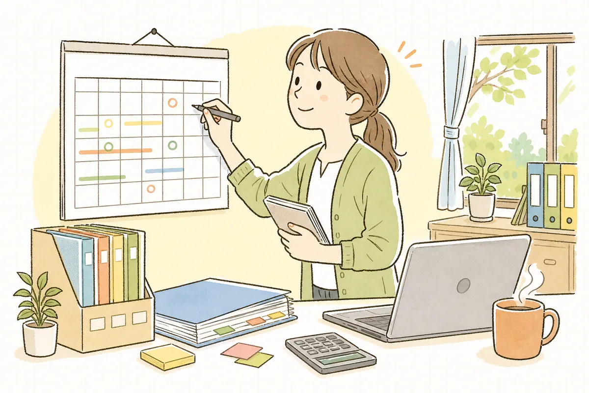 壁のカレンダーに請求業務の予定を書き込みながら、月末月初の段取りを落ち着いて確かめる介護事業所の事務担当者