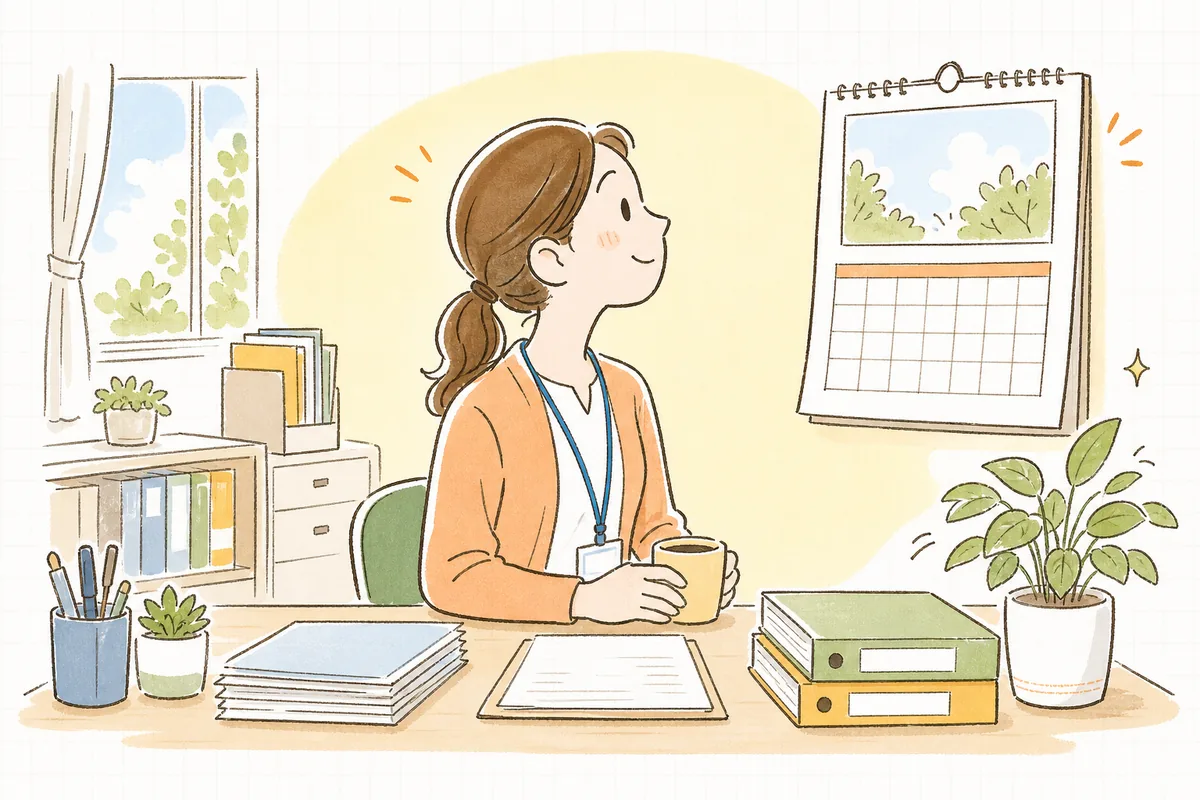 10日の請求を無事に送り終え、片づいたデスクで壁のカレンダーを見ながらほっとほほえむ介護事業所の事務担当者