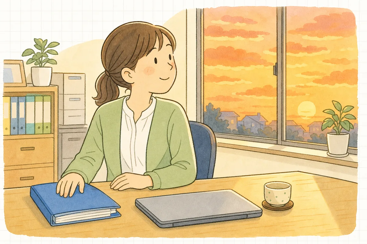 夕方の介護事業所の事務室で、青いファイルを閉じて机に置き、窓の外のやわらかな夕焼けを見ながらほっとした笑顔を浮かべている事務職員