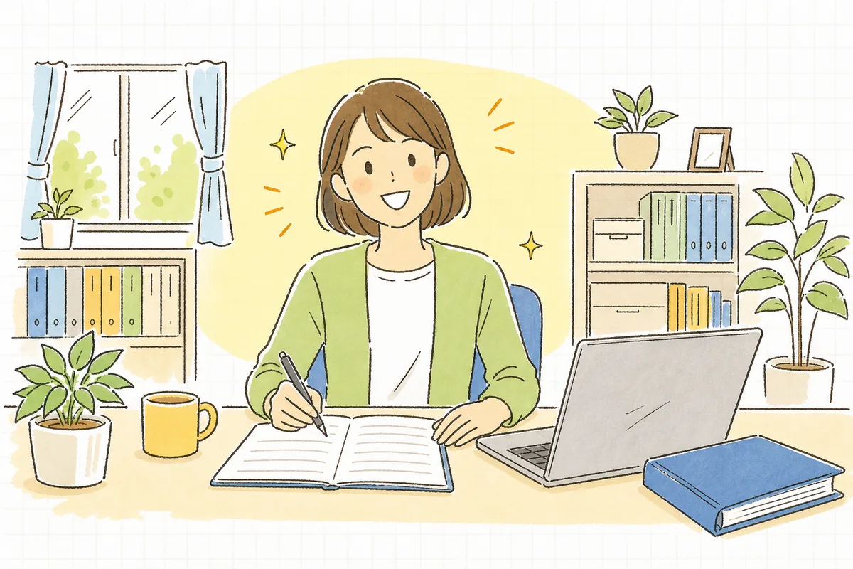 更新と確認を終えた事務担当者が、朝の明るい事務室で記録表に書き込み、ほっとした笑顔を見せている情景