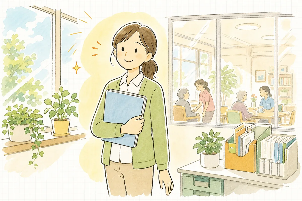 整えた利用者ごとの窓口一覧のファイルを手に、明るい窓辺で肩の力を抜いて穏やかにほほえんでいる介護事業所の事務担当者