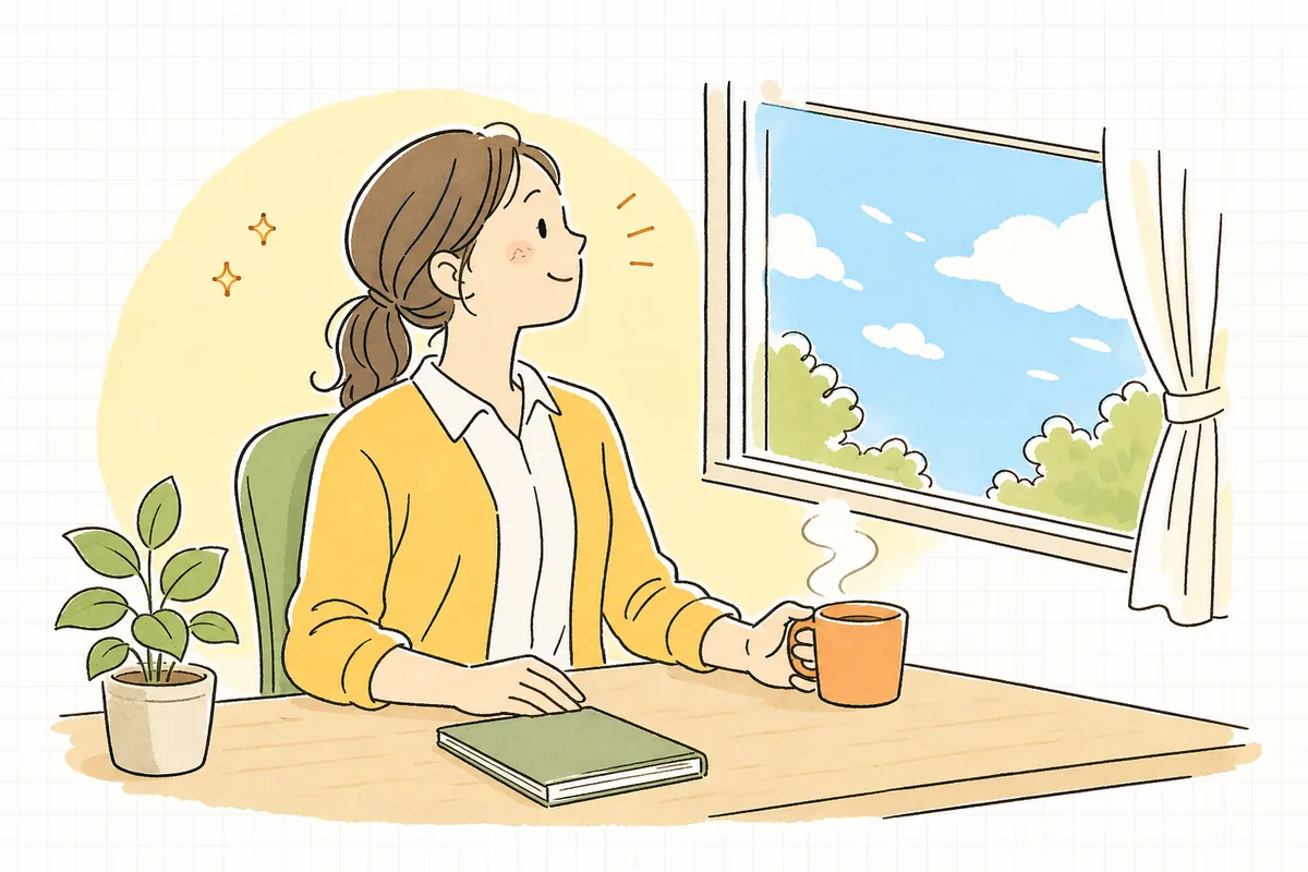 サービスコードの確認を終え、片づいたデスクで窓の外の明るい空を見てほっと一息つく介護事務の担当者