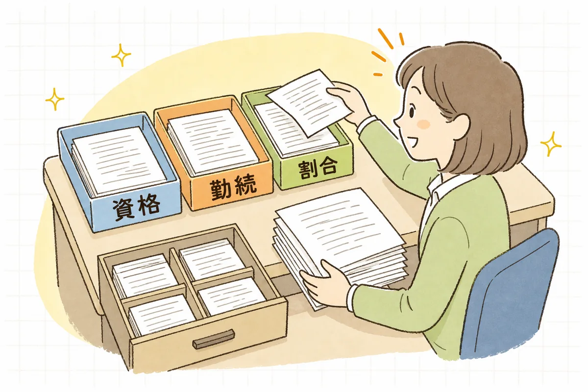 加算の根拠となる記録を「資格」「勤続」「割合」の3つの引き出しに分けて整理し、見通しが立って表情がやわらぐ介護事業所の事務担当者