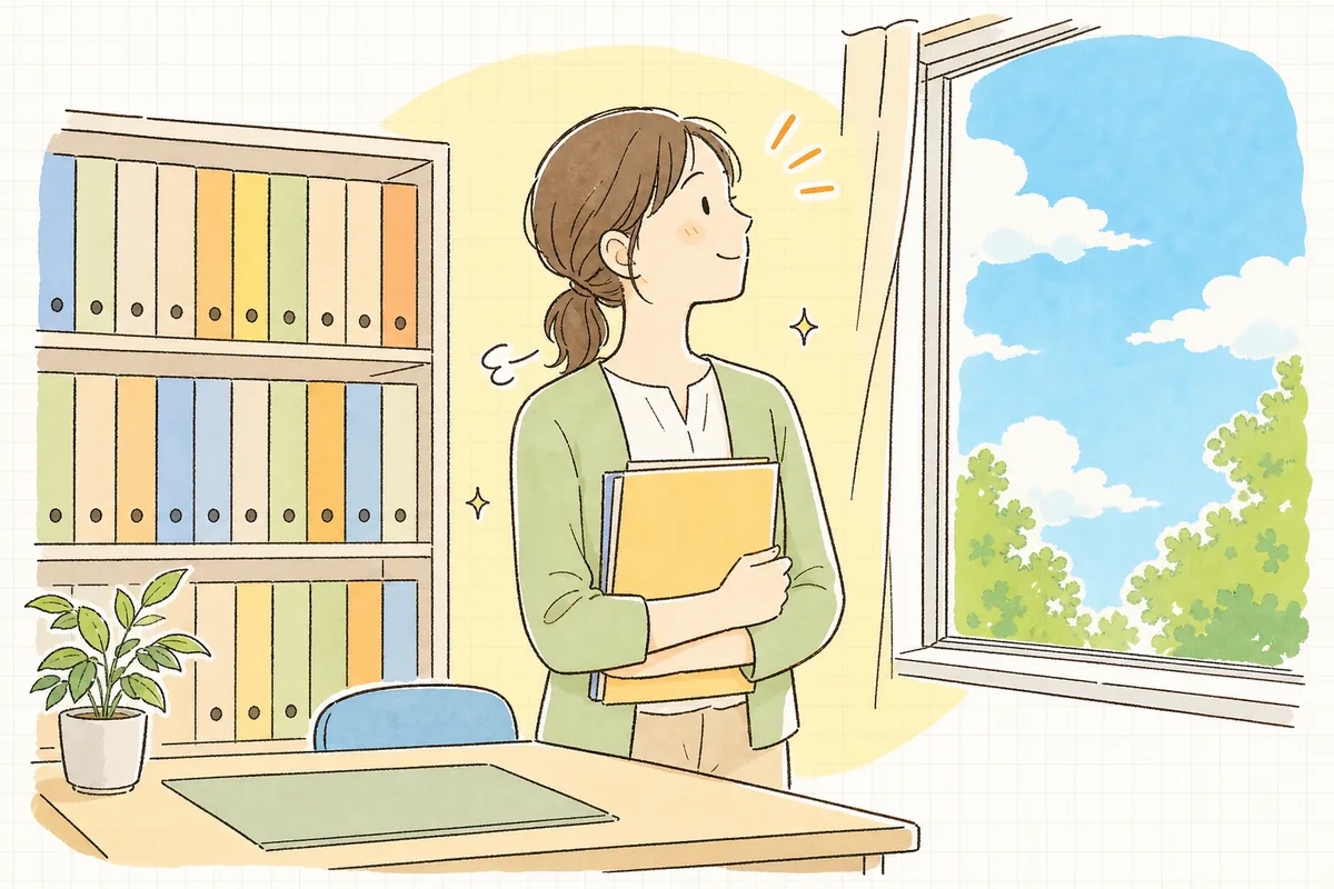 整理の終わった書類棚のそばで、窓の外の明るい空を見上げてほっとひと息つく介護事業所の事務担当者