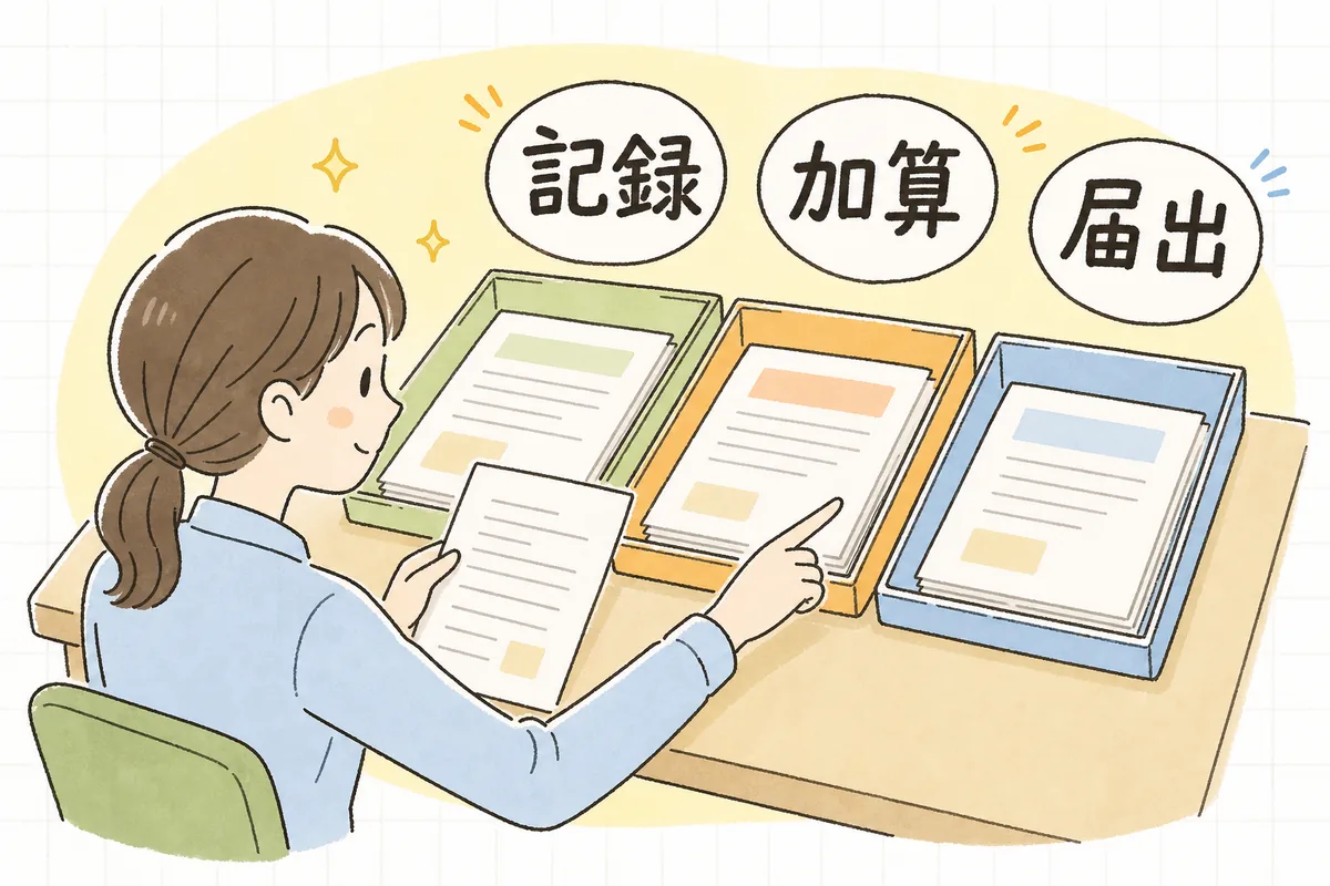 記録・加算・届出の3つの見直し視点を書類の山の前で一つずつ確かめていく介護事業所の事務担当者