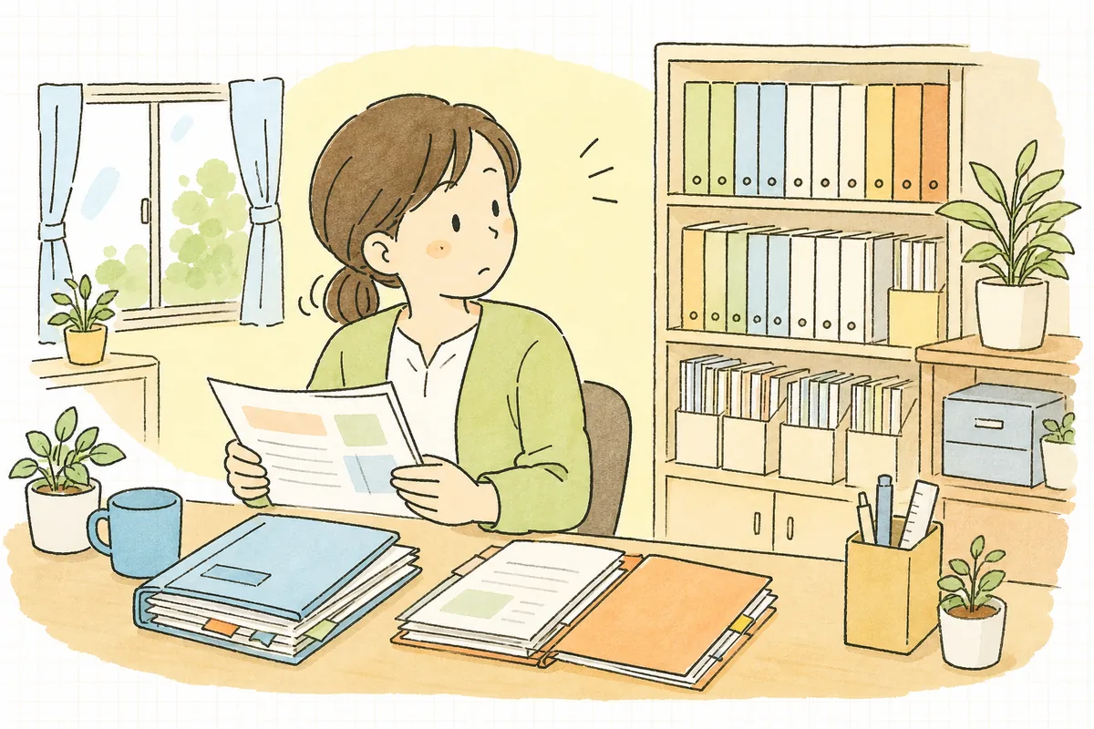 過去の指摘事例の資料に目を通しながら、自分の事業所の書類を思い浮かべて見直しどころを確かめる介護事業所の事務担当者