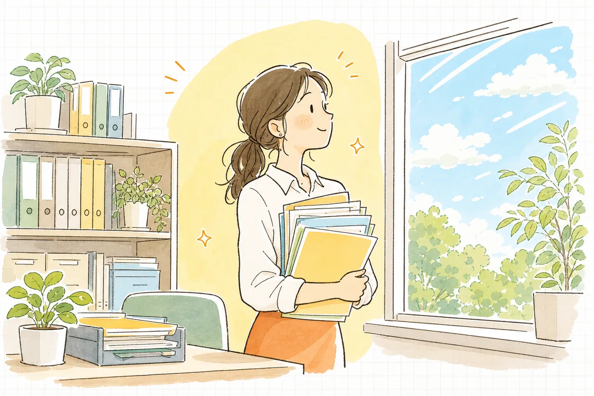 見直しを一巡し終えて片づいた事務室で、窓の外の明るい空を見上げてほっとひと息つく介護事業所の事務担当者