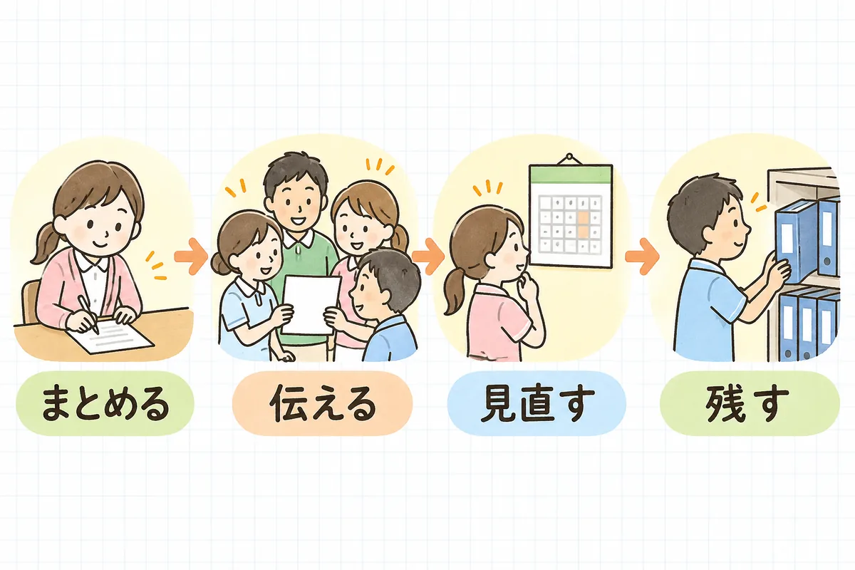 指摘の共有を、まとめる・伝える・見直す・残すの4つの段階で左から右へ順につないだ流れ図