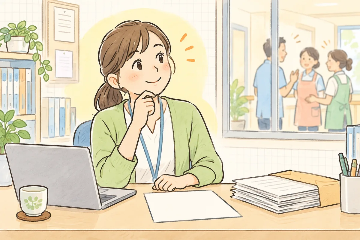 運営指導の結果通知を手元に置き、職員にどう伝えようかと前向きに考えている介護事業所の事務担当者