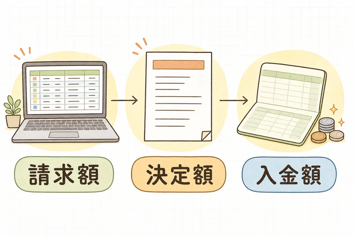 事業所が出した請求額、国保連が認めた決定額、口座に振り込まれた入金額の3つを左から順に並べ、どこで差が出たかを見比べる考え方を示した図