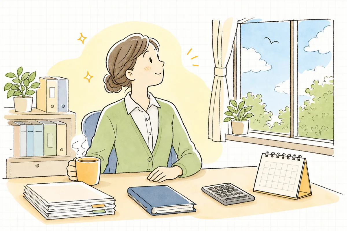 数字の突き合わせを終えて、そろえた書類の前で肩の力を抜き、明るい窓の外へ視線を向けてほっとする介護事業所の事務担当者
