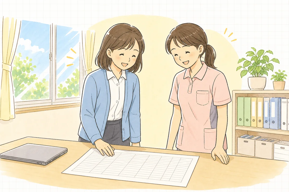 明るい事務室で、事務担当者と介護職員が並んで一覧表をのぞき込み、ほっとした表情でほほえんでいる場面