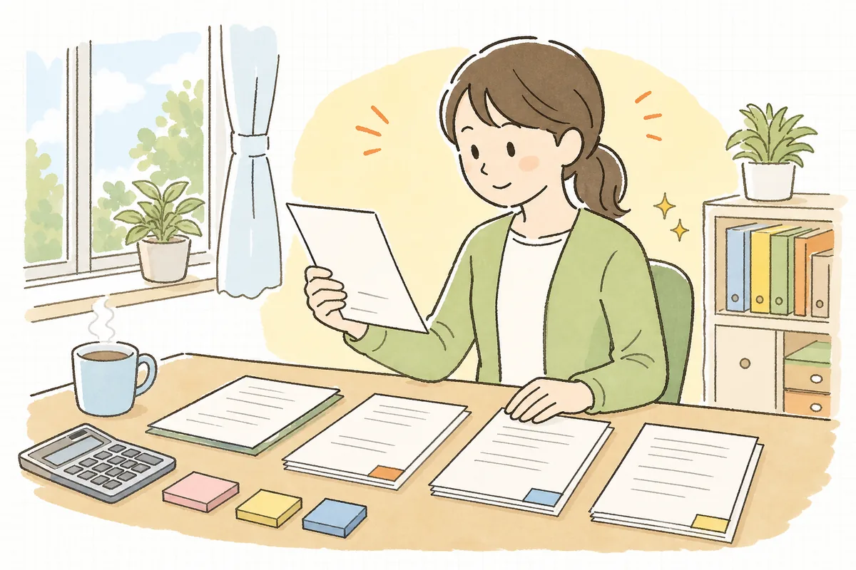 身体拘束の適正化に必要な指針・委員会・研修・記録の書類を机に広げ、抜けがないか一つずつ確かめている介護事務の担当者