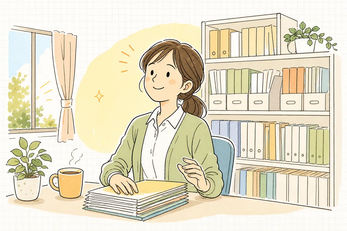 4つの書類がそろった棚を前に、肩の力を抜いて前を向く介護事務の担当者