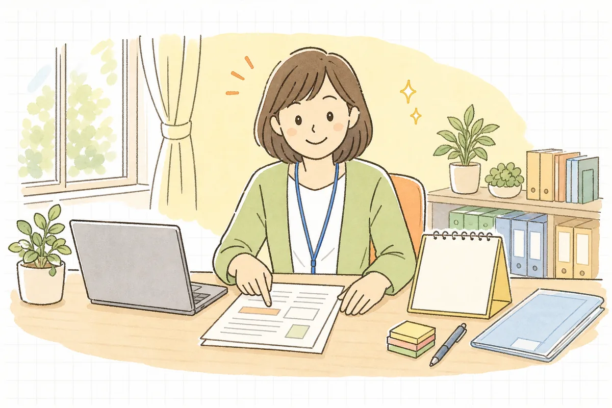事務室の机で指定通知書とカレンダーを並べ、指定の有効期間満了日を指でたどりながら更新申請の準備を始めている介護事業所の事務担当者