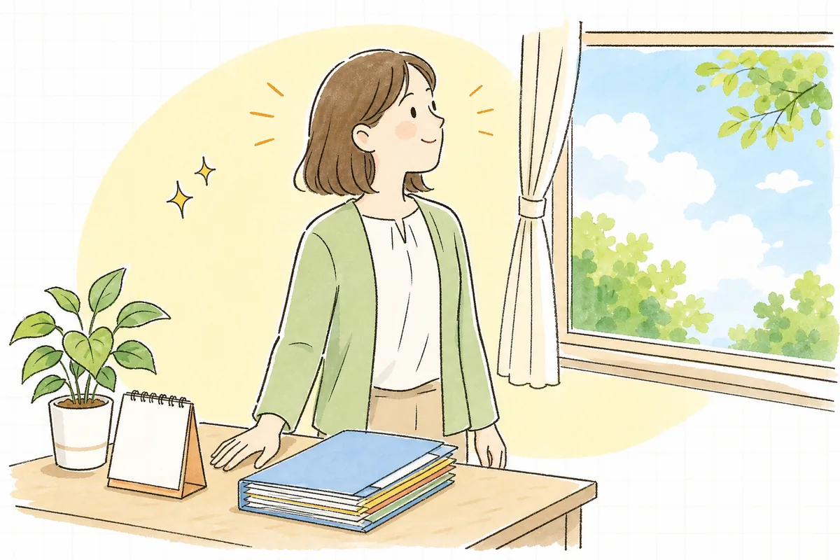 更新申請の書類一式をそろえ終えて、明るい窓辺で肩の力を抜いてほっとひと息ついている介護事業所の事務担当者