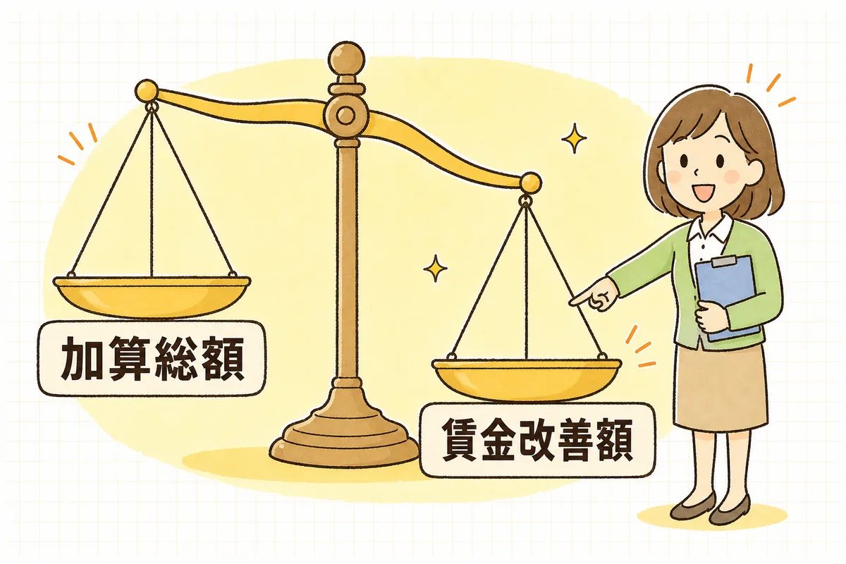 左右のお皿に載せた「加算総額」と「賃金改善額」の重さを見比べ、右側が下がっているてんびんを明るい表情で指し示す介護事業所の事務担当者