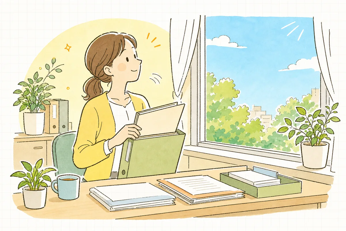 提出を終えた実績報告書の控えをファイルに収め、晴れた窓の外を見てやわらかく安心した表情でほほえむ介護事業所の事務担当者
