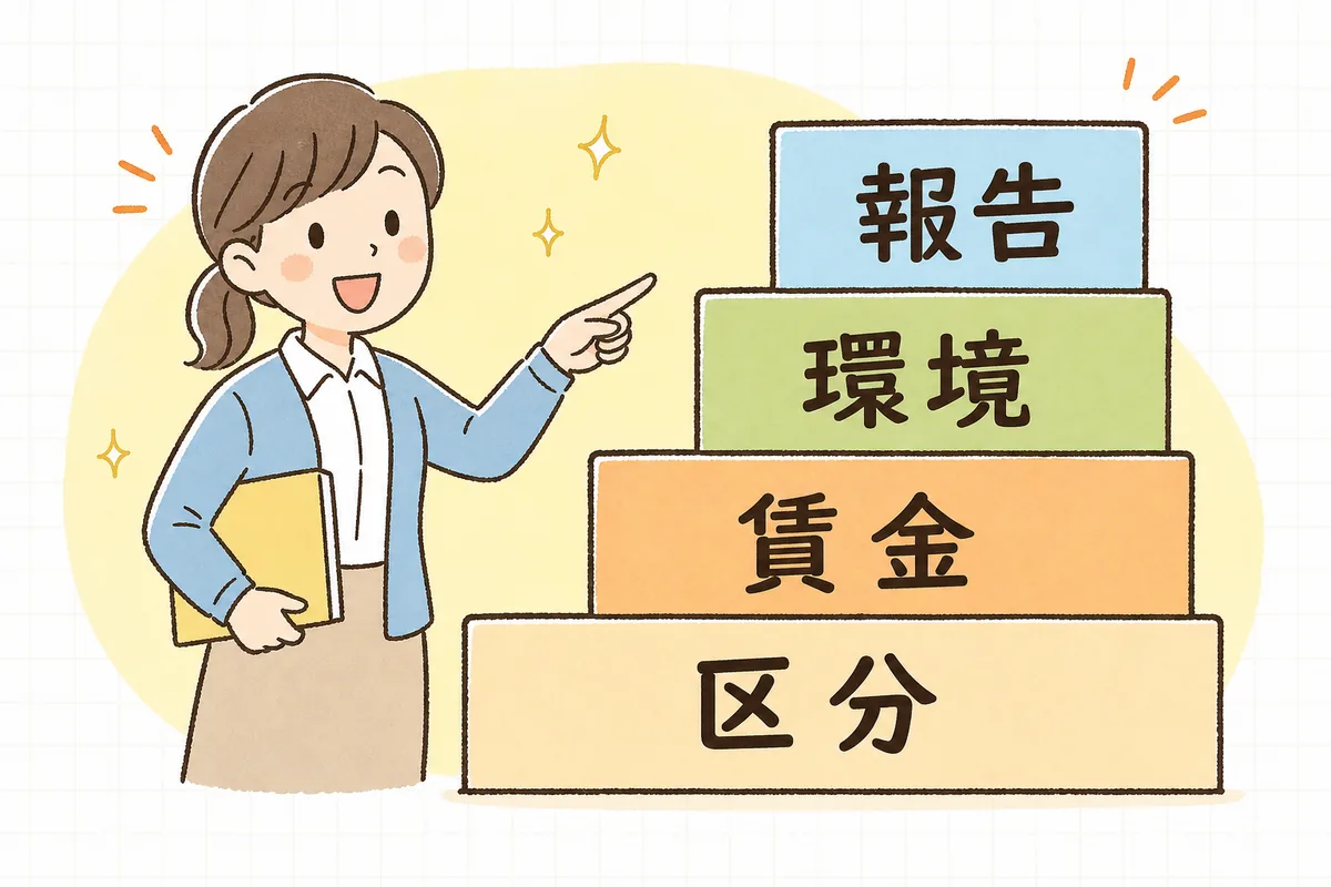 区分が下から上へ段階的に上がっていく階段を、明るい表情で指し示す介護事業所の事務担当者