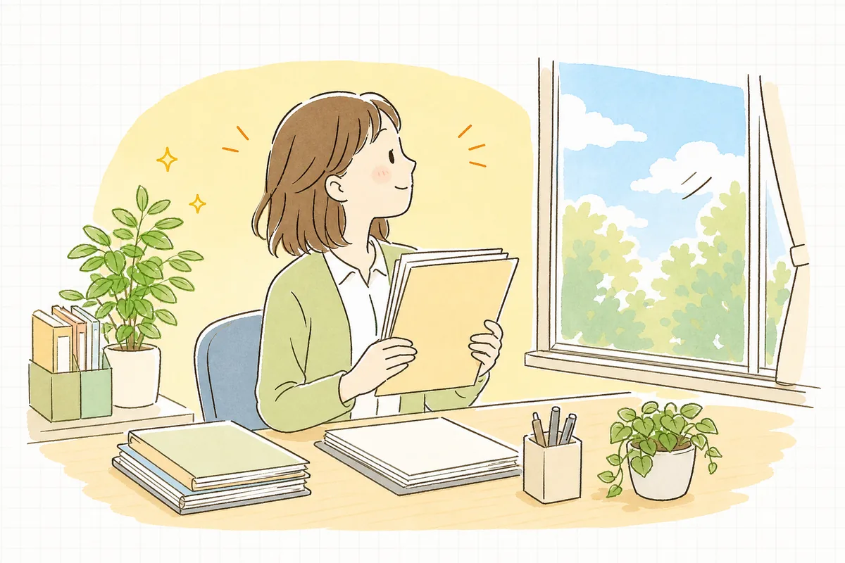整理し終えた加算の資料を手に、晴れた窓の外を見てやわらかく安心した表情でほほえむ介護事業所の事務担当者