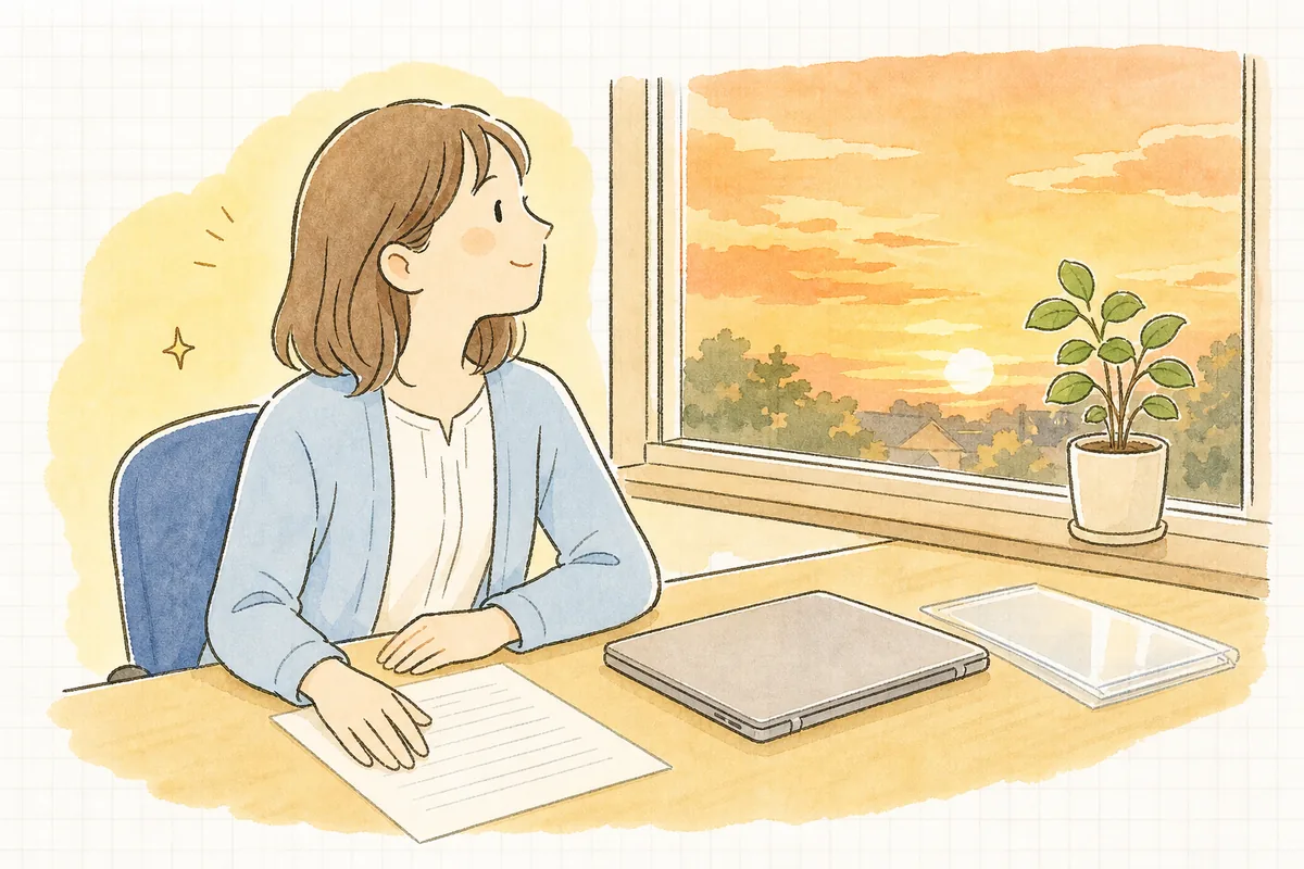 夕方の介護事業所の事務室で、手続きのご案内の紙を書き終えて、窓の外のやわらかな夕焼けを見ながらほっとした笑顔を浮かべている事務担当者
