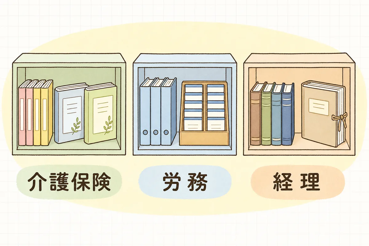 介護事業所の書類を介護保険・労務・経理の3つの棚に分けて並べた概念図