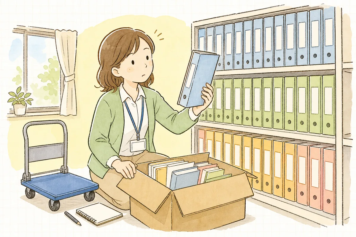 書庫の前で段ボールとファイルの背表紙を見比べ、どの書類を残すか考えている介護事業所の事務担当者