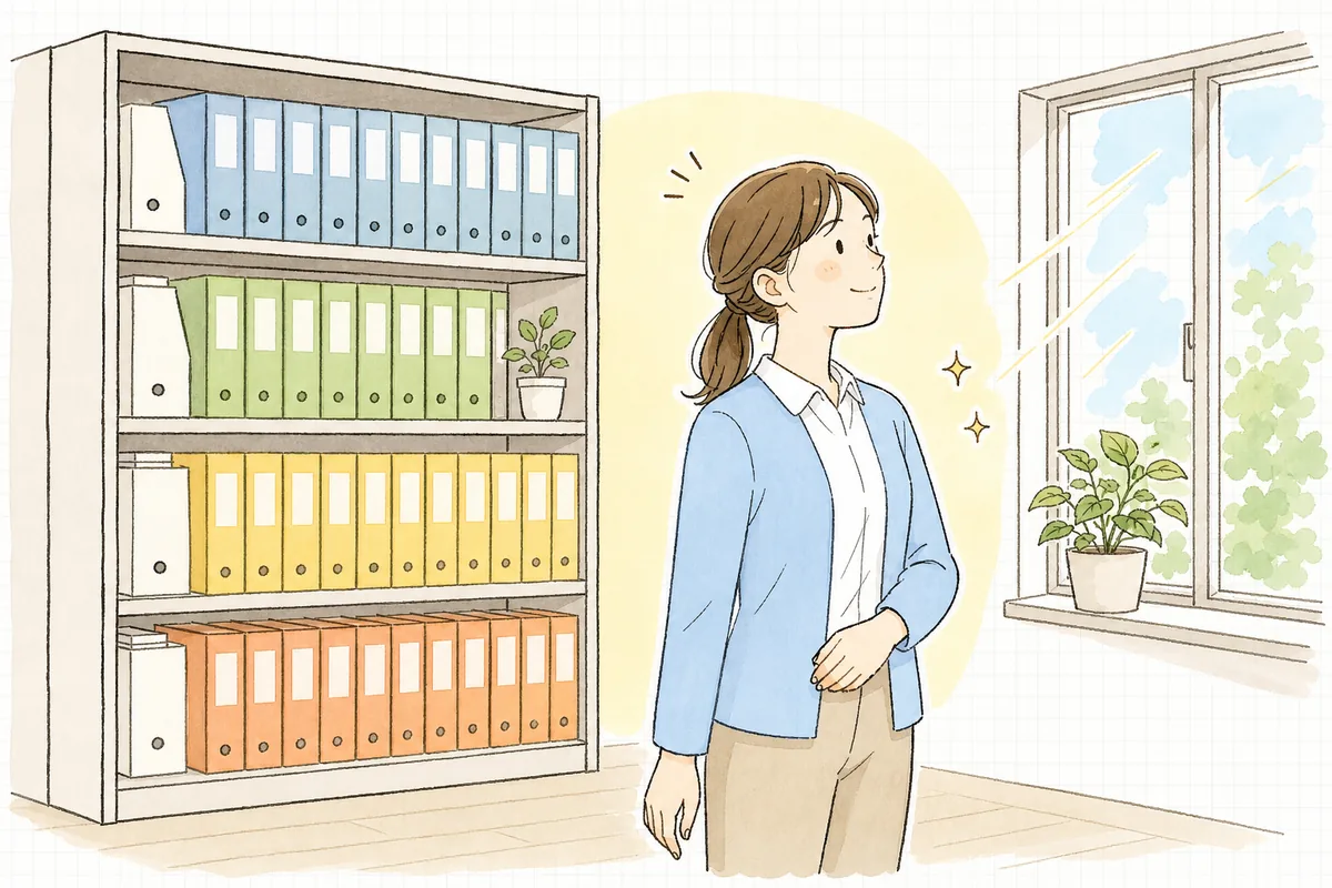 整理が終わり、ラベルで色分けされた書庫の棚を前に肩の力を抜いてほほえむ介護事業所の事務担当者
