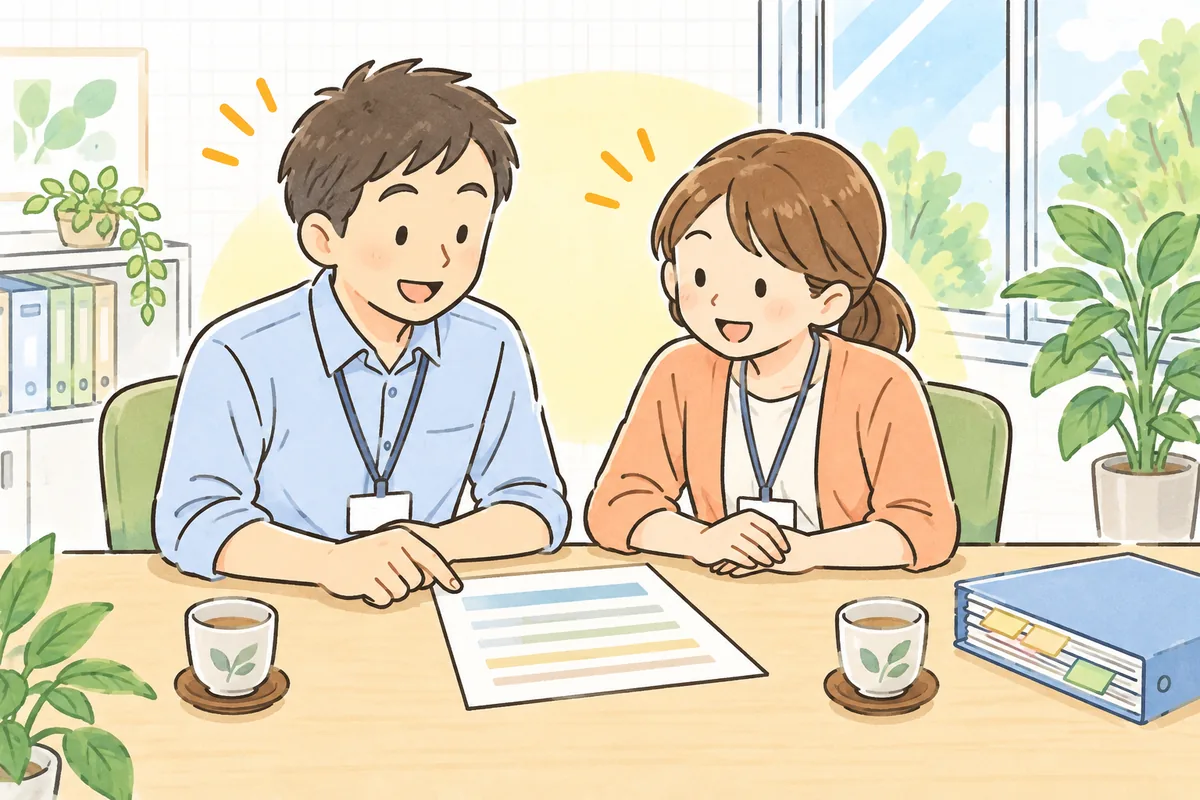 介護事業所の事務室で、管理者と事務担当者が1枚の紙を一緒に見ながら、うなずき合って穏やかに笑っている様子