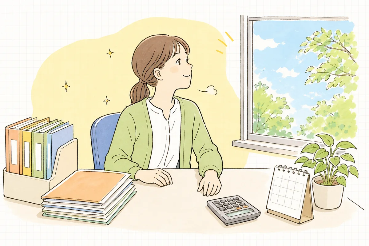 総合事業の請求を無事に済ませ、片づいた机のそばで肩の力を抜いてほほえむ介護事業所の事務担当者