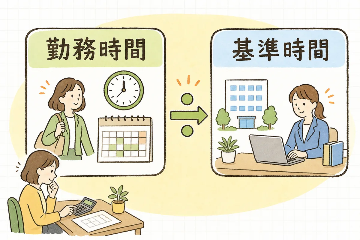 勤務時間の合計を常勤の基準時間で割る、という常勤換算の考え方を二つの箱で示した図