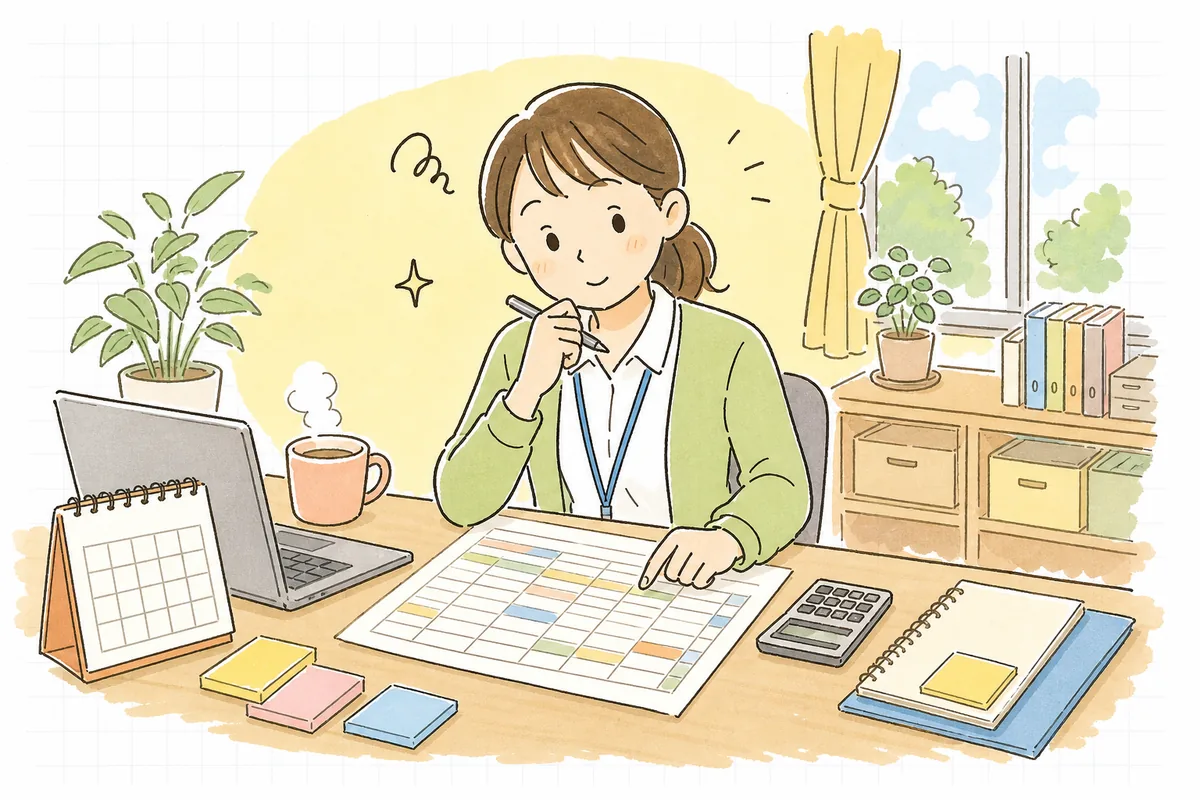 事務デスクで勤務形態一覧表と電卓を前に、常勤換算の計算を落ち着いて確かめる介護事業所の事務担当者