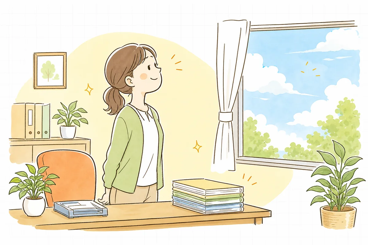 計算を終えて片づいたデスクのそばで、窓の外の明るい空を見上げてほっとひと息つく介護事業所の事務担当者