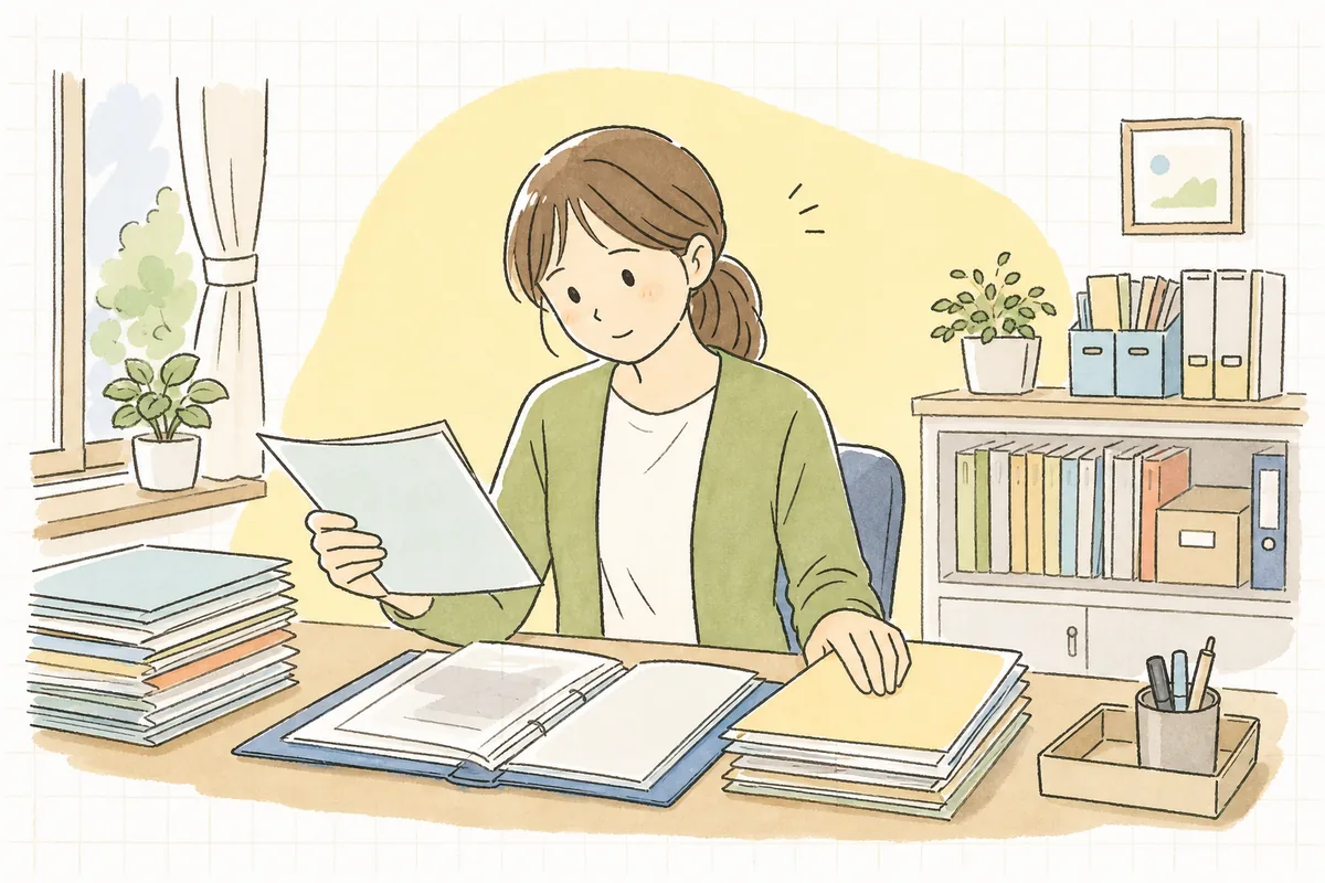 退所が決まった利用者のファイルを机に広げ、返却書類と保管書類を静かに仕分けしながら、落ち着いた表情で確認している介護事業所の事務担当者
