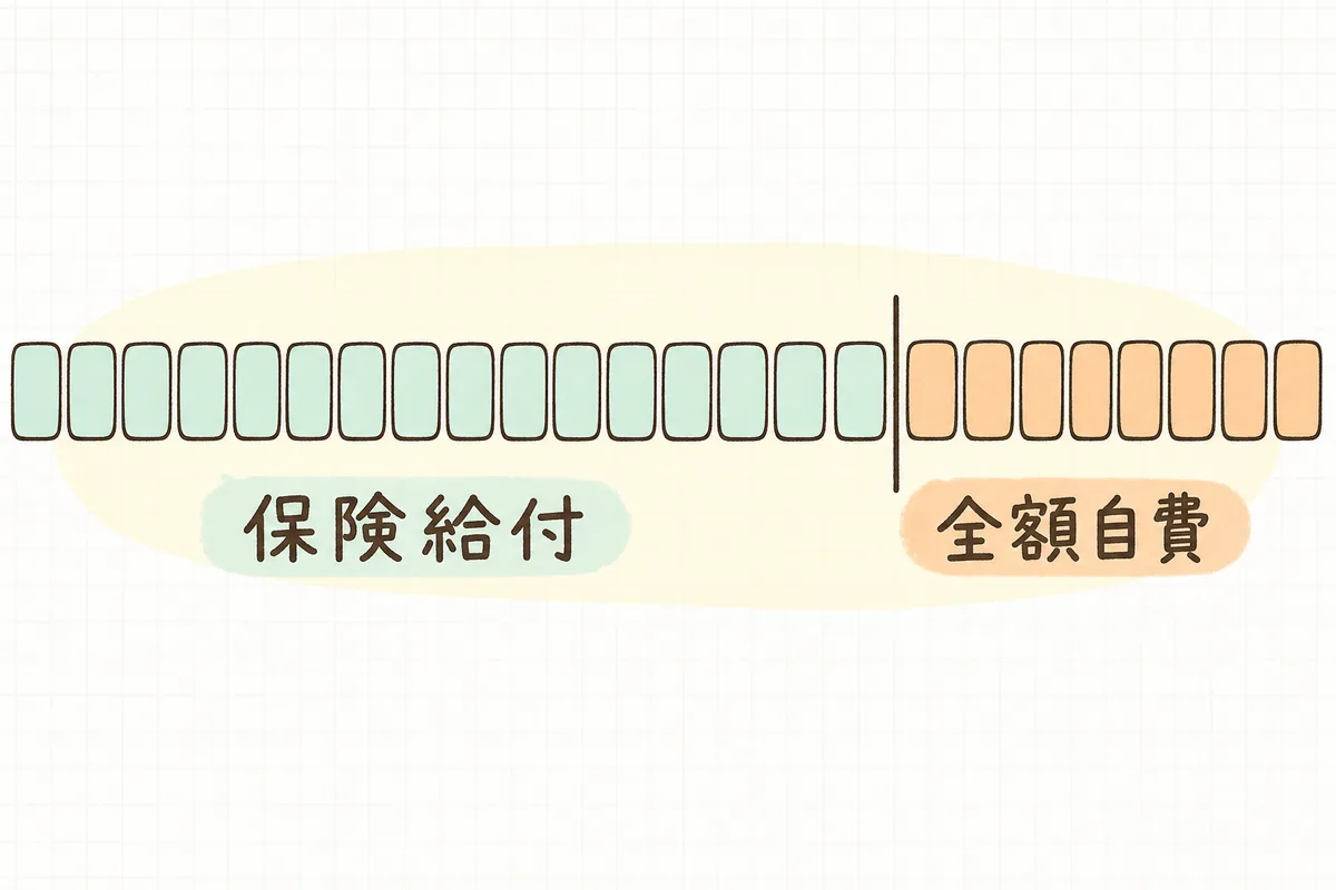 連続した利用日のマスが途中で色分けされ、前半が保険給付、後半が全額自費になることを示した帯状の概念図