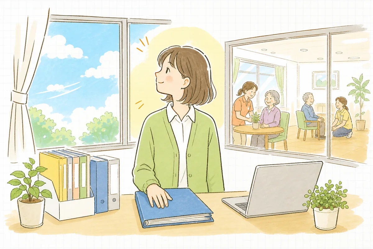 利用予定表の確認を終えて、明るい窓辺で肩の力を抜いて穏やかにほほえんでいる介護事業所の事務担当者